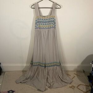 Natural Life Bell Bottom Flare Beige Jumpsuit w/ Floral Embroidery Size M